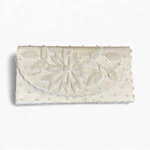 Vintage Ivory Floral Beaded Satin Evening Bag Clutch Bridal 1950s Glam Formal - Picture 1 of 8